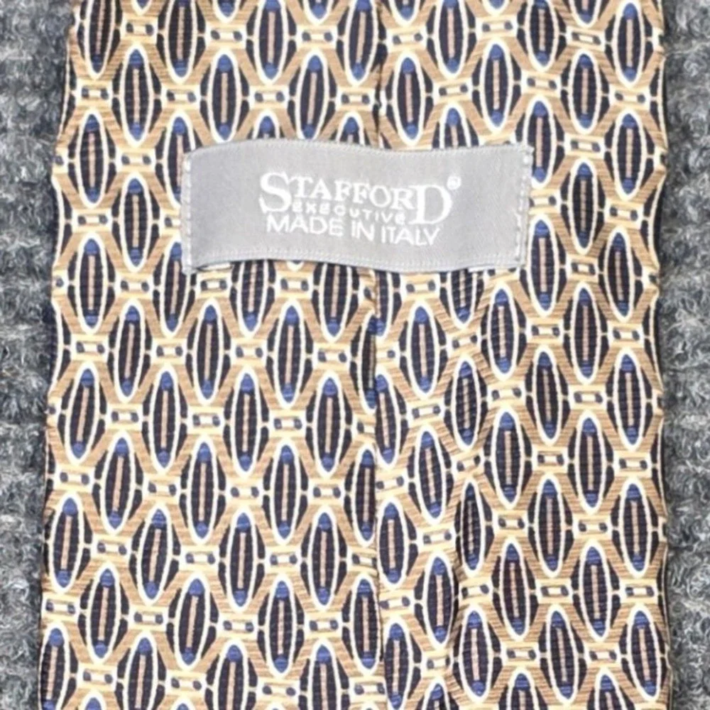 Stafford Executive Silk Tie Men's Tan Navy Blue Geometric Oval Made in Italy